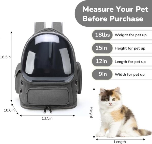 Cat Backpack Carrier for Cats and Small Dogs, Breathable Cat Bubble Backpack, Airline Approved Pet Travel Carrier(Grey) - Image 6