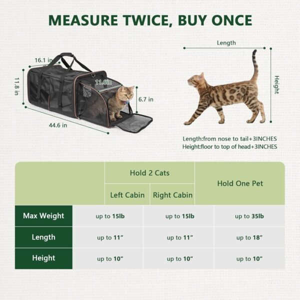 Cat Travel Carrier with Litter Boxes for 2 Cats, Double-Compartment Soft Pet Carrier, Expandable Portable Cat Carrier for Car Travel, up to 35 lb Road Trip, Camping, Hiking, Black - Image 3