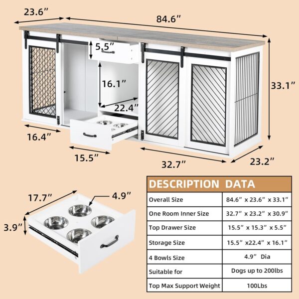 Extra Large Dog Crate Furniture, 85" Sliding Door Double Kennel for 2 Large Dogs Divided, Heavy Duty Wooden Dog Crate Kennel Furniture with 4 Dog Bowls and Drawer Indoor, White - Image 3