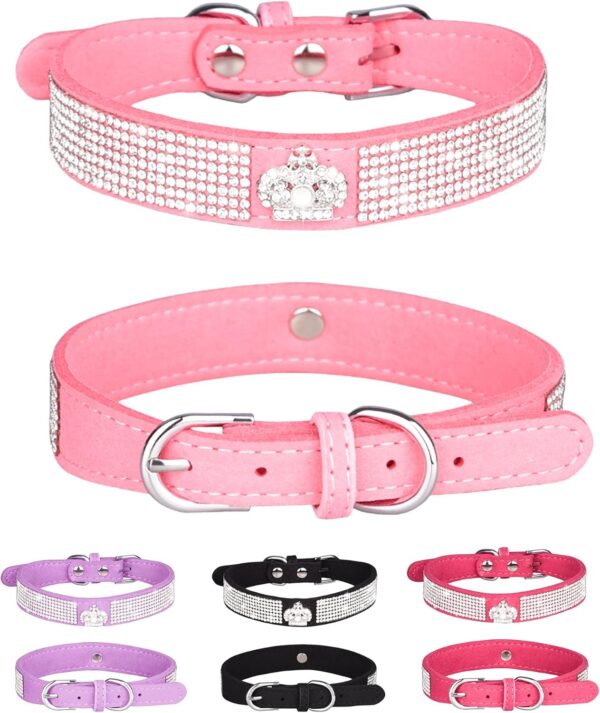 Bling Dog Collar for Small Medium Large Dogs, Crown Rhinestone Dog Collars for Girl and boy Dog, Diamond Puppy Collars, Adjustable Leather Suede SOFE Cat Collar (S(10.6"-13"/27CM-33CM), Pink)