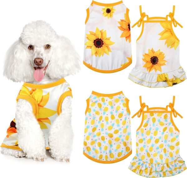 4 Pieces Pet Clothes Set Include 2 Pieces Cute Pet Dress Lovely Fruit Dog Dress and 2 Pieces Dog Shirt Breathable Pet T-Shirt Puppy Clothes for Pet (Pineapple, Sunflower,Medium)