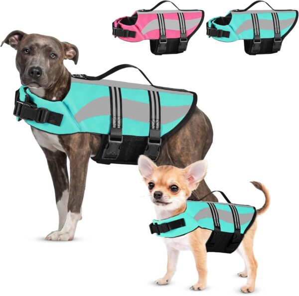 Dog Life Jacket with Reflective Stripes, Adjustable High Visibility Dog Life Vest for Boating, Ripstop Dog Swimming Vest with High Flotation for Small Medium and Large Dogs,Blue,S…