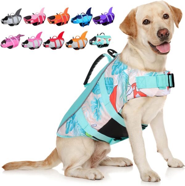 AOFITEE Dog Life Jacket, Dog Life Vest for Swimming, Hawaii Style Dog Life Vest with Rescue Handle and Reflective Stripe, Ripstop Dog Float Coat, Dog Swimming Vest for Small Medium Large Dogs Blue