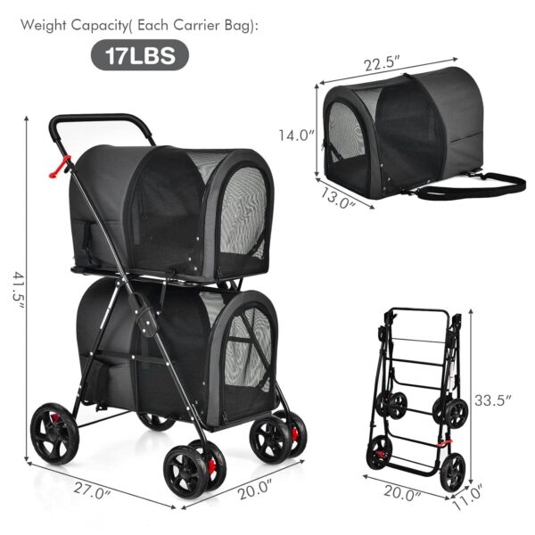 Giantex Double Pet Stroller with 2 Detachable Carrier Bags, Safety Belt, 4 Lockable Wheels Cat Stroller Travel Carrier Strolling Cart, Folding Dog Stroller for Small Medium Dogs Cats Puppy (Black) - Image 5