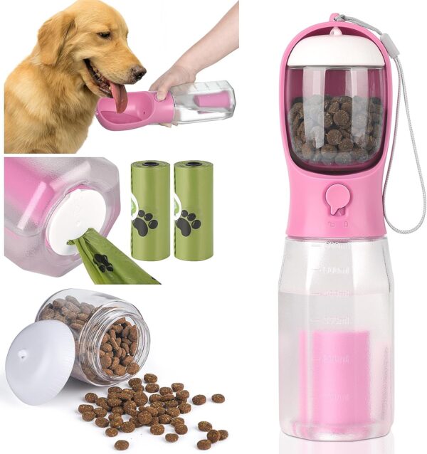 Dog Water Bottle 3-in-1 - Leak Proof Portable Puppy Water Dispenser with Drinking Feeder， Food Container， and Poop Bag Space - Perfect for Outdoor Walking， Hiking， and Travel with Your pet.