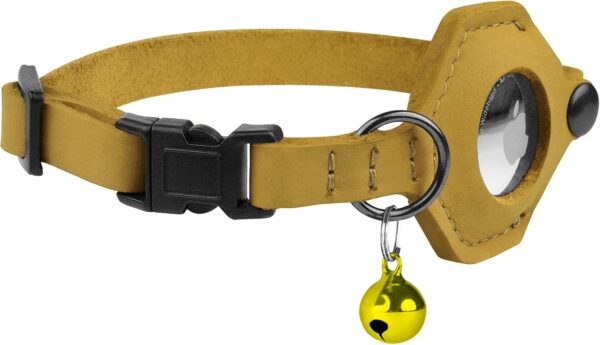 Breakaway Leather Airtag Cat Collar with Bell - Soft Pet Collar with Apple Air Tag Holder - Adjustable GPS Collars for Girl Boy Cats Kitten Puppy - Lightweight and Cute (Yellow) - Image 2