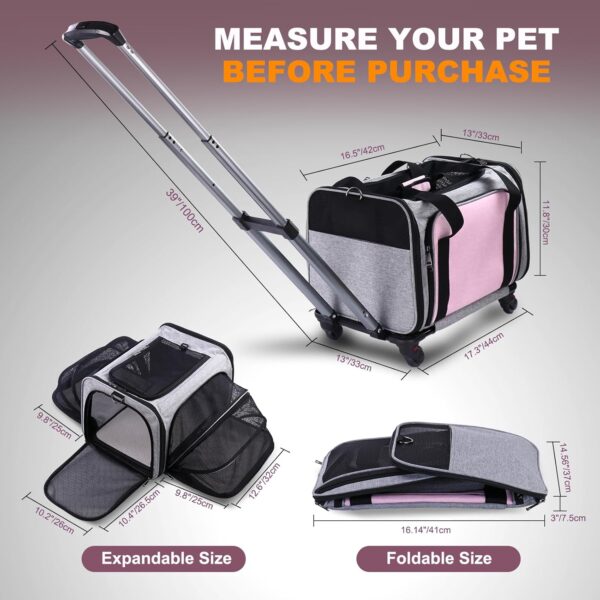 Pet Carrier Airline Approved on Wheels - Two Sided Expandable Cat Soft Carrier for Puppy and Cats Under 26lbs, Rolling Cat Carrier for Airplane, Camping, Outdoor - Image 7