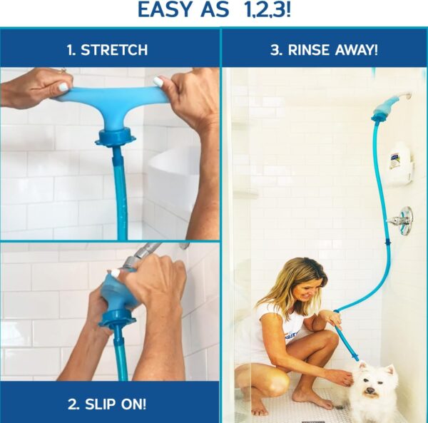 Rinseroo Dog Shower Hose: Wash Hose Attachment for Shower & Sink - Pet Bather, Fits Showerheads Up to 4” Wide Handheld Shower Sprayer Faucet Adapter, Includes Spare Connector 6 Foot Hose (Not for Tub) - Image 5