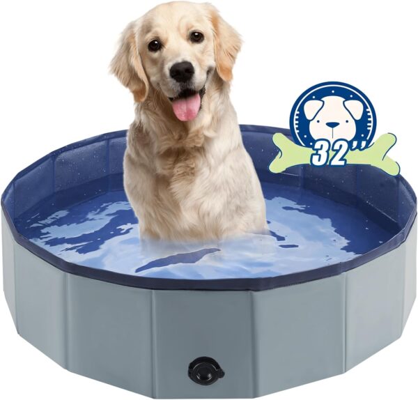 Foldable Dog Bath Swimming Pool Plastic Kiddie Pool Professional Tub Collapsible Grooming Bathtub for Pets Kids Baby and Toddler, 32 x 8 Inches Blue