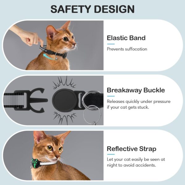 Waterproof Airtag Cat Collar, Breakaway Cat Collars with Luminous & Reflective Strap for Apple Air tag, Kitten Safety Elastic Band, Lightweight Hidden GPS Tracker Holder(Black, 9"-14") - Image 3