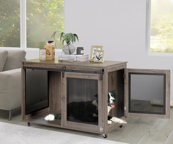 LINLUX 40 Inch Dog Crate Furniture, Wooden Heavy Duty Dog Kennel Indoor, Decorative Dog Cage Table for Large Medium Dogs, with Sliding Doors, Wheels and Flip-top Plate - Image 2