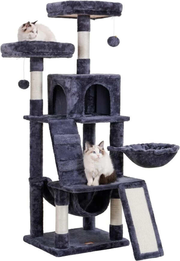 Heybly Cat Tree, Cat Tower for Indoor Cats,Multi-Level Cat Furniture Condo for Cats with Padded Plush Perch, Cozy Basket and Scratching Board Smoky Gray HCT014G