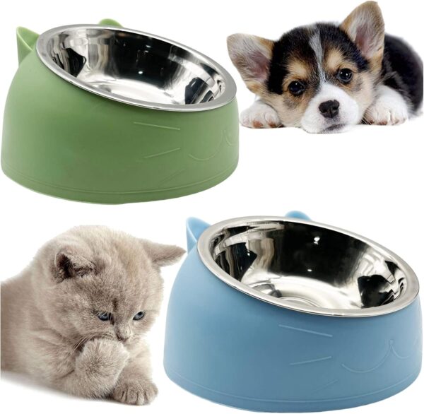 PINVNBY 2PCS Raised Cat Bowl Tilted 15° Slanted Elevated Bulldog Feeder Non-Spill Dog Kitten Food Dish Anti-Slip Detachable Pet Stainless Steel Slope Base for Small Pets Blue&Green