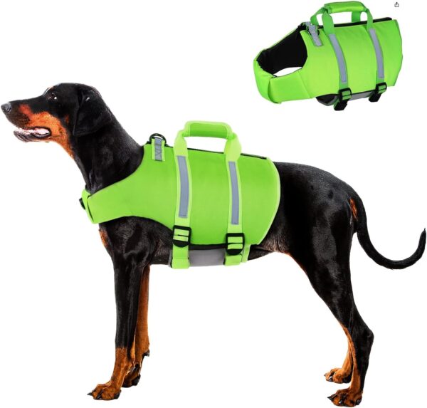 SAWMONG Dog Life Jacket,Dog Swimming Vest with Ripstop and High Flotation for Small Medium Large Dogs,Reflective Lightweight Dog Life Preserver with Rescue Handle for Swimming Boating Green L