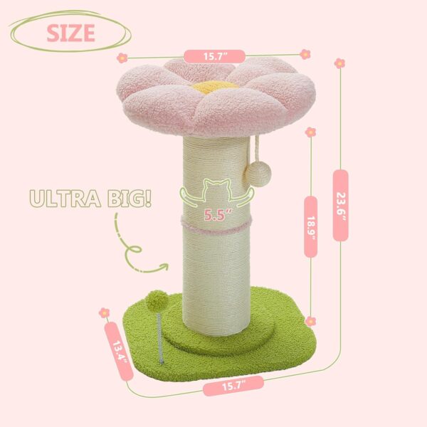 PEQULTI Flower Cat Scratching Post, Small Cat Tree, Tall Cat Scratcher for Indoor Cats with Super Thick Scratching Post [Dia=5.5''], Removable Flower Cat Bed, Cat Scratch Post with Spring Ball, Pink - Image 5