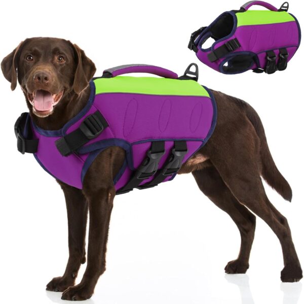 SUNFURA Dog Life Jacket, XL Dog Life Vest for Swimming, High Floating Lifejacket for Dogs, Ripstop Dog Water Vests for Large Dogs Adjustable Pet Life Preserver with Rescue Handle, Purple XL