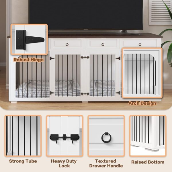 86.6" Extra Large Dog Crate Furniture for Large Breeds,XXXL Wooden Double Dog Crates Kennel Cage Furniture Style TV Stand Side End Table for 2 Dogs with Divider Locks and 4 Drawers,White - Image 8