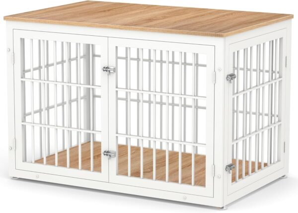 Rustic Heavy Duty Dog Crate Furniture for Extra Large Dogs, Decorative Pet House End Table, Wooden Cage Kennel Furniture Indoor, XL, White and Natural