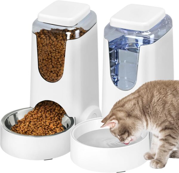 2 Pack Automatic Cat Feeder and Water Dispenser Dog Gravity Food Feeder and Waterer Self Feeding Bowls for Small Medium Pets Puppy Kitten (White)