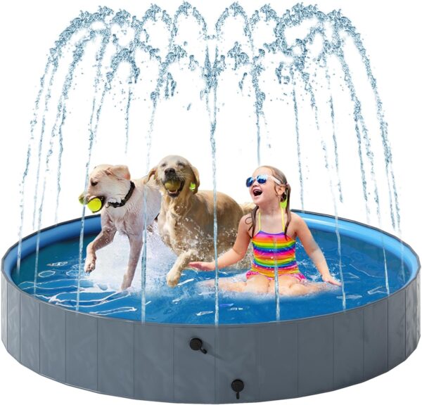 Dog Pool with Sprinkler, Foldable Portable Non-Slip Dog Bath Tub, Outdoor Kiddie Pool with Hard Plastic, Collapsible Dog Swimming Pool for Kids Dogs Pets, Gray (63"x12")