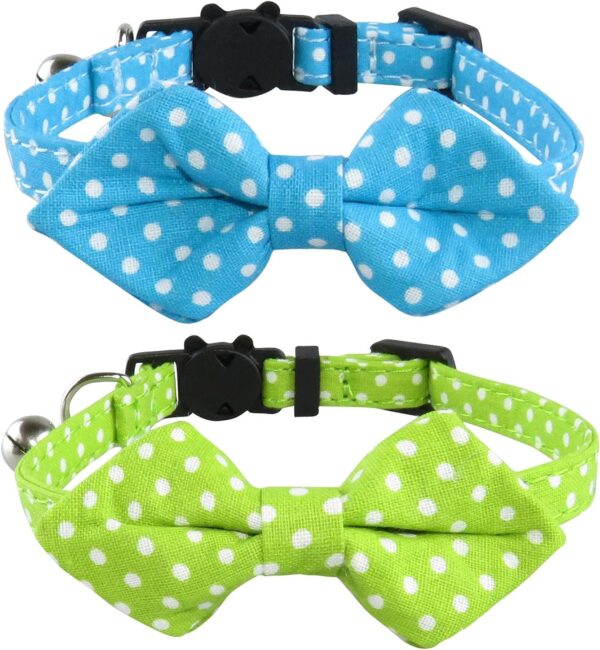 2 Pack Upgraded Breakaway Cat Collar with Bow Tie and Bell, Adjustable Kitten Collar with Removable Collar Pet Stippled Pattern Collars for Male and Female Cats and Small Dogs(Blue/Green)