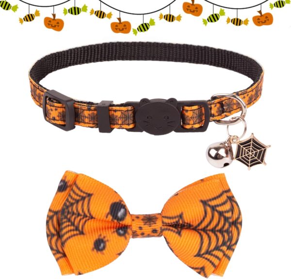 ADOGGYGO Halloween Cat Collars with Bow Bell, Breakaway Cat Bowtie Collar Spider Web Skull Pattern Halloween Collars for Girl Boy Cats Kittens (Halloween-2) - Image 5