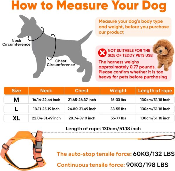 Retractable No-Pull Dog Harness, Auto-Stop Rope for Safety Use, Adjustable Reflective Oxford Easy Control,for 15-33 LBS Medium/Large Dogs Use(Orange) - Image 3