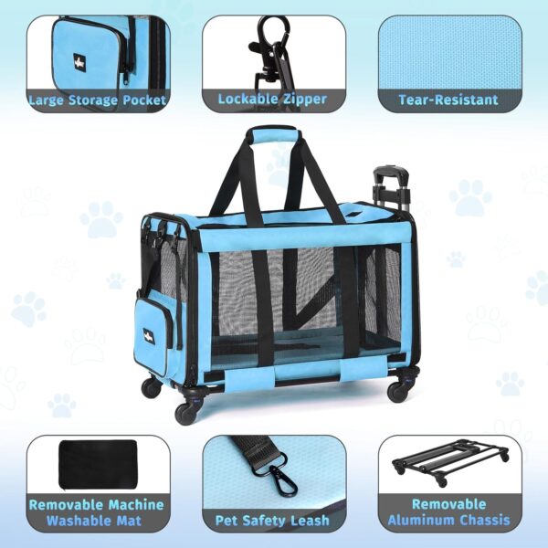 Large Cat Carrier with Wheels, Foldable Rolling Cat Carrier for 2 Cats with Wheels for Cat Dog Under 30 lbs, Cat Carrier Travel Bag with Large Pocket for Outdoor, Blue - Image 4