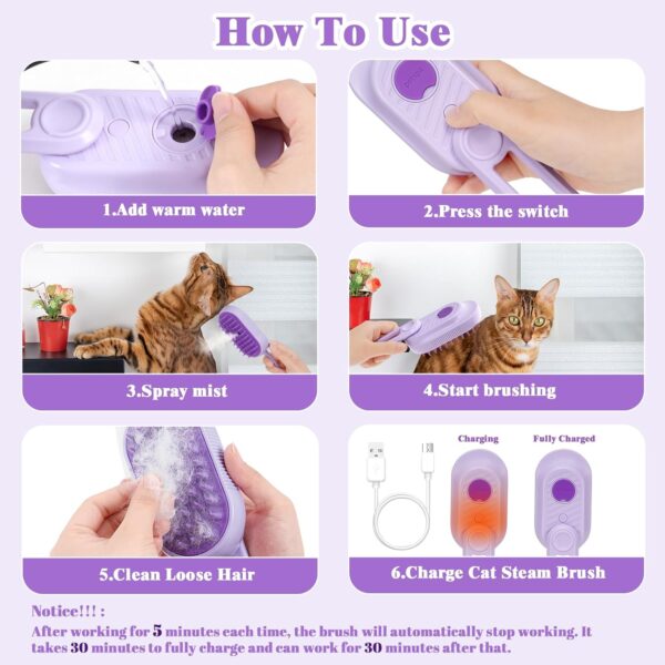 2 Pcs Cat Steam Brush Set-3 in 1 Steamy Cat Brush with Swivel Handle, Rechargeable Steamy Pet Brush Cat Grooming Brush, Spray Cat Steamer Brush for Massage, Pet Hair Removal Comb(White/Purple) - Image 8