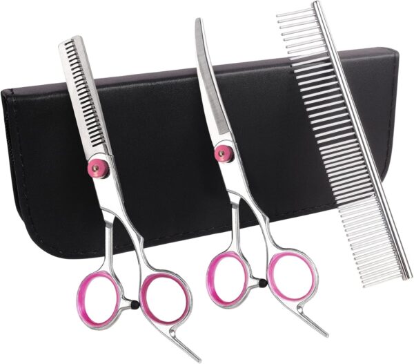 Premium Dog Grooming Scissors with Safety Round Tips, 3 in 1 Dog Grooming Scissors Kit, 4CR Stainless Steel Premium Pet Grooming Shears for Dog, Sharp and Durable, Pink