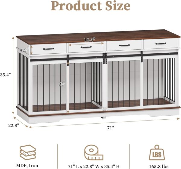 71" Extra Large Dog Crate Furniture, Steel Frame Dog Crates with 4 Drawers, Divider, Sliding Barn Door for Small Medium Large Dogs, Indoor Luxury Double Dog Kennel Furniture for 2 Dogs (White) - Image 2