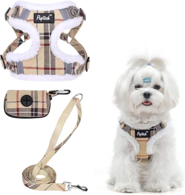 PUPTECK No Pull Dog Harness and Leash Set Reflective No Choke Step in Puppy Halter for XS Small and Medium Sized Dogs, Beige Plaid, Plush, S