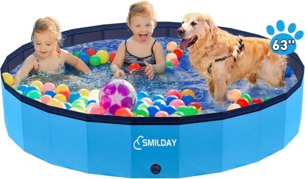 Dog Pool, SmilDay Foldable Portable Swimming Pool, Hard Plastic Bathing Tub for Pets Dogs and Cats, Slip-Resistant Kiddie Pool for Backyard (Blue 63''D× 12''H)