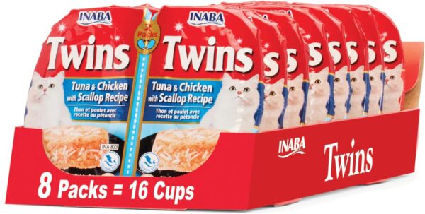 INABA Twins for Cats, Shredded Chicken & Broth Gelée Side Dish/Topper Cups, 1.23 Ounces per Serving, 16 Servings, Tuna & Chicken with Scallop Recipe