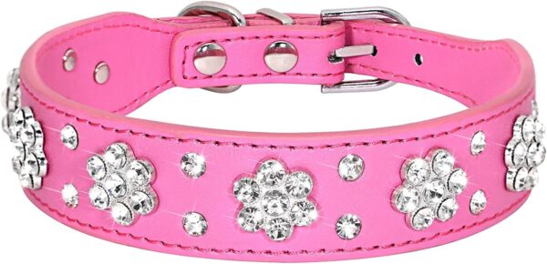 Rhinestone Dog Collar, Cute Flower Rhinestone Cat Dog Collar Bling Collar PU Leather Collar Adjustable Sizes XS Small Medium (M, Hot Pink)