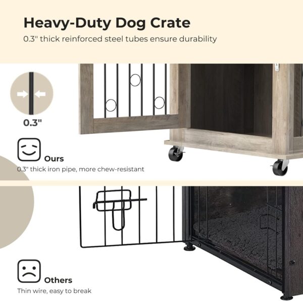 Dog Crate Furniture with Divider for 2 Small to Medium Dogs, Wooden Cage End Table, Heavy Duty Indoor Puppy Kennel with Removable Divider and Sliding Door, Grey, 39.37''W*25.2''D*28.94''H - Image 5