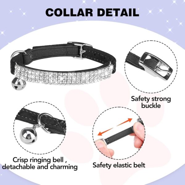 BINGPET Diamond Cat Collar, Adjustable Soft Velvet Leather Safe Kitten Collar with Shiny Rhinestones and Bells, Girl Boy Bling Stylish Cat Collars with Safety Elastic for Small Medium Cats,Black - Image 3