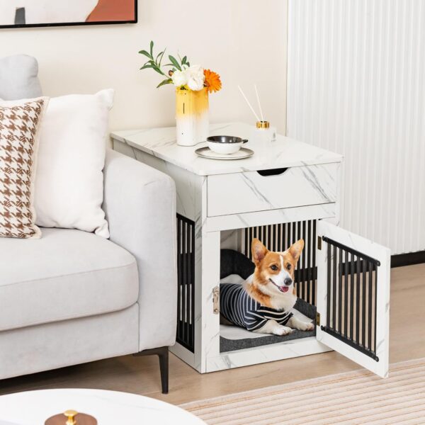 Tangkula Dog Crate Furniture, Decorative Dog Kennel End Table with Storage Drawer, Wired & Wireless Charging, Lockable Indoor Dog House with Cushion, Wooden Pet Cage Nightstand for Small Dogs - Image 2