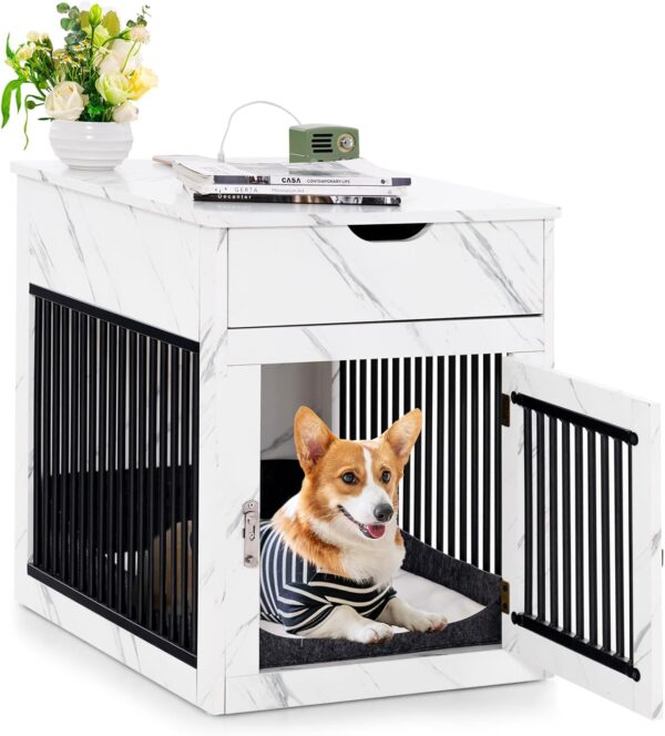 Tangkula Dog Crate Furniture, Decorative Dog Kennel End Table with Storage Drawer, Wired & Wireless Charging, Lockable Indoor Dog House with Cushion, Wooden Pet Cage Nightstand for Small Dogs