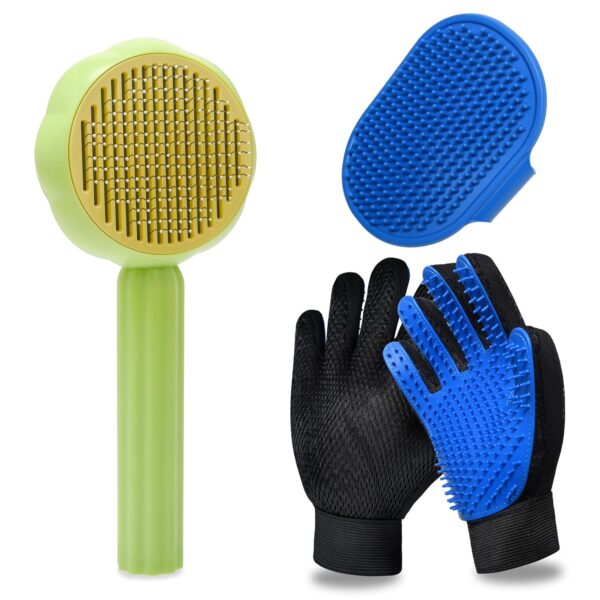 GJEASE Cat Grooming Glove Brush,Self-Cleaning Slicker Pet Brush for Short and Long Haired Pets,Dog Bath Brush for Shedding and Grooming,Removes Loose Hair and Tangles,Promote Circulation