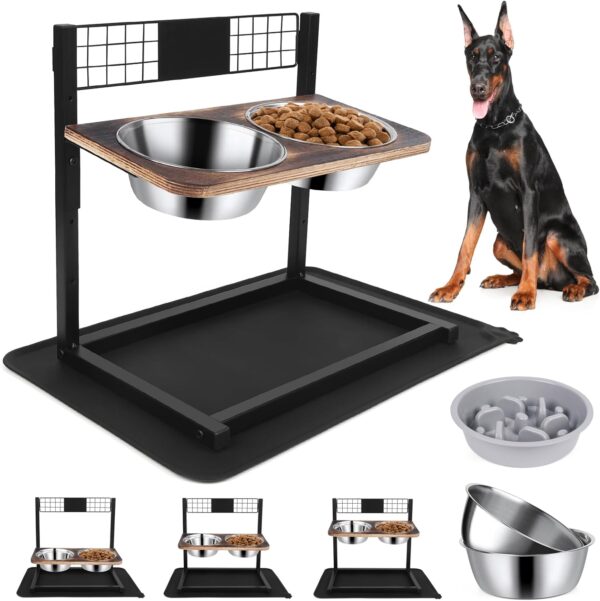 Ciconira Metal Elevated Dog Bowls with Slow Feeder & Spillproof Mat, 8°Tilted Raised Dog Bowl Stand with Two 1.3L Stainless Steel Food Water Bowls,4 Height Adjustable for Large Medium, Small Dogs