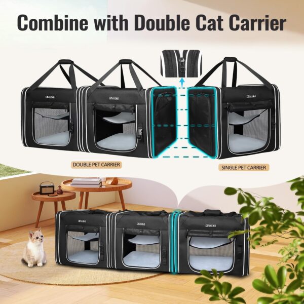 Combinable Pet Carrier for Large Cat or Medium Dog, 18"x17"x17" Large Cat Carrier for Car Travel, 2 Small Pet Soft Carrier with Food Bag, Bowl and Safety Locking Zippers for Vet, Camping - Image 3