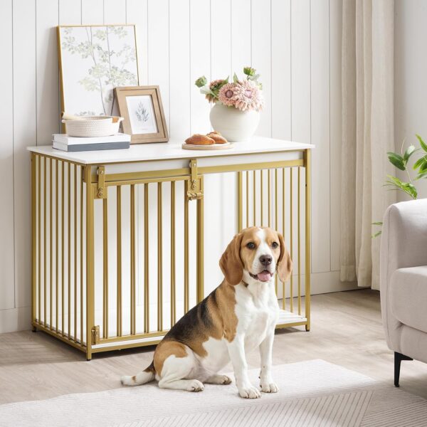 HOOBRO Dog Crate Furniture, 39.4" Heavy Duty Dog Kennel with Sliding Barn Door, Decorative Dog Crate Indoor, End Side Table for Small/Medium Dog, White and Gold DW162GW03 - Image 8