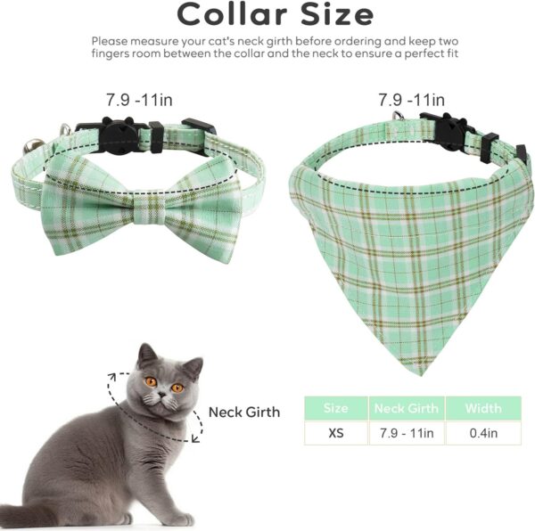 Upgraded Breakaway Cat Collar with Bow Tie and Bell, Cat Collars with Bandana, 2 Pack Adjustable Cute Plaid Cotton Kitten Collar for Male and Female Cats and Small Dogs, Green - Image 5