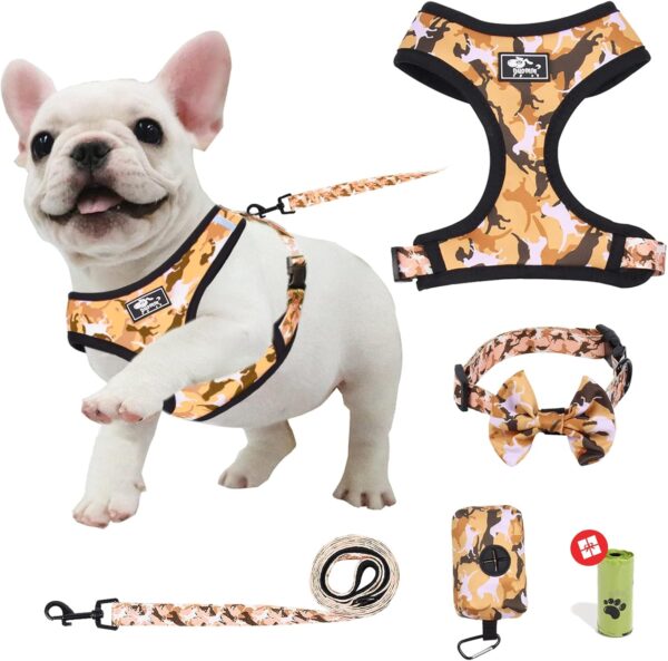 Dog Harness and Leash Set for Small Dogs, Adjustable Reflective No Pull Dog Vest Harness for Puppy with Bow-tie Collar, Leash and Poop Bag (S, Yellow Camouflage)