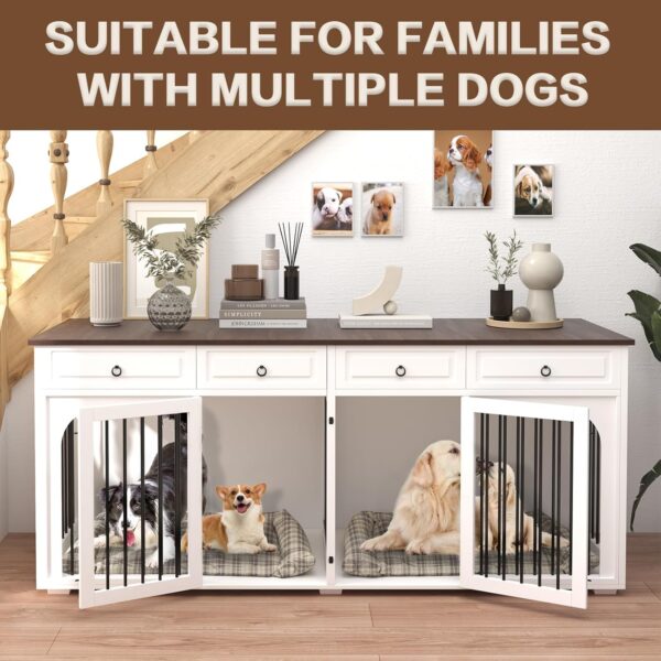 86.6" Extra Large Dog Crate Furniture for Large Breeds,XXXL Wooden Double Dog Crates Kennel Cage Furniture Style TV Stand Side End Table for 2 Dogs with Divider Locks and 4 Drawers,White - Image 5