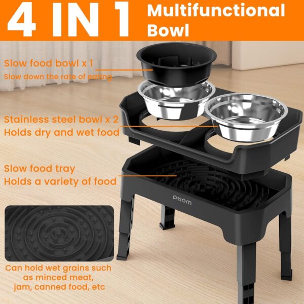 4-in-1 Elevated Slow Feeder Dog Bowls, 4 Height Adjustable Mess Proof Raised Dog Bowl Stand with Licking Plate, 2 Stainless Steel Dog Food Bowl & Slow Feeder for Large Medium Small Dogs Pets - Image 7