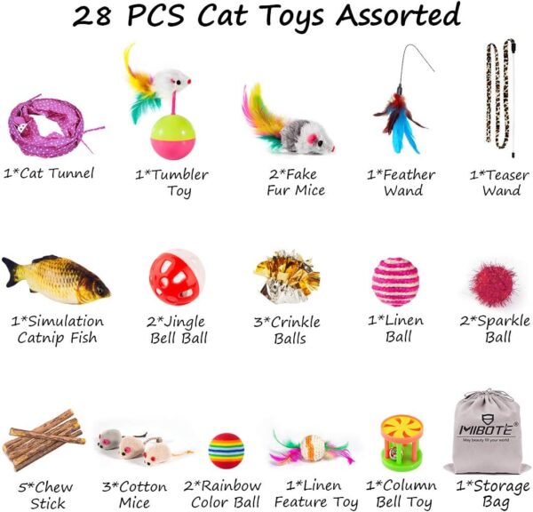 MIBOTE 28Pcs Cat Toys Kitten Toys Assorted, Cat Tunnel Catnip Fish Feather Teaser Wand Fish Fluffy Mouse Mice Balls and Bells Toys for Indoor Cat Puppy Kitty Interactive Cat Toy Set - Image 6