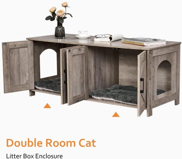 Cat Litter Box Enclosure for 2 cats, Litter Box Furniture Hidden with Double Room,Wooden Cat Washroom Furniture,Cat House,47.2”L x 19.7”W x 19.7”H,Greige - Image 2