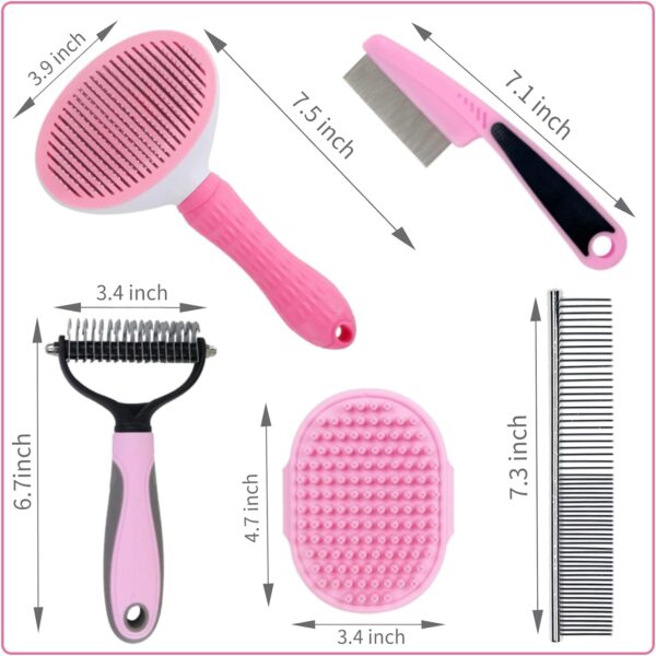 Dog Brush for Grooming Kit 5PCS - Deshedding Dog Brush for Short Hair Dogs, Dog Hair Brush for Grooming Small Dogs,Puppy Brush and Slicker Brush for Dogs, Flea Comb and Dog Comb Set Pink - Image 2